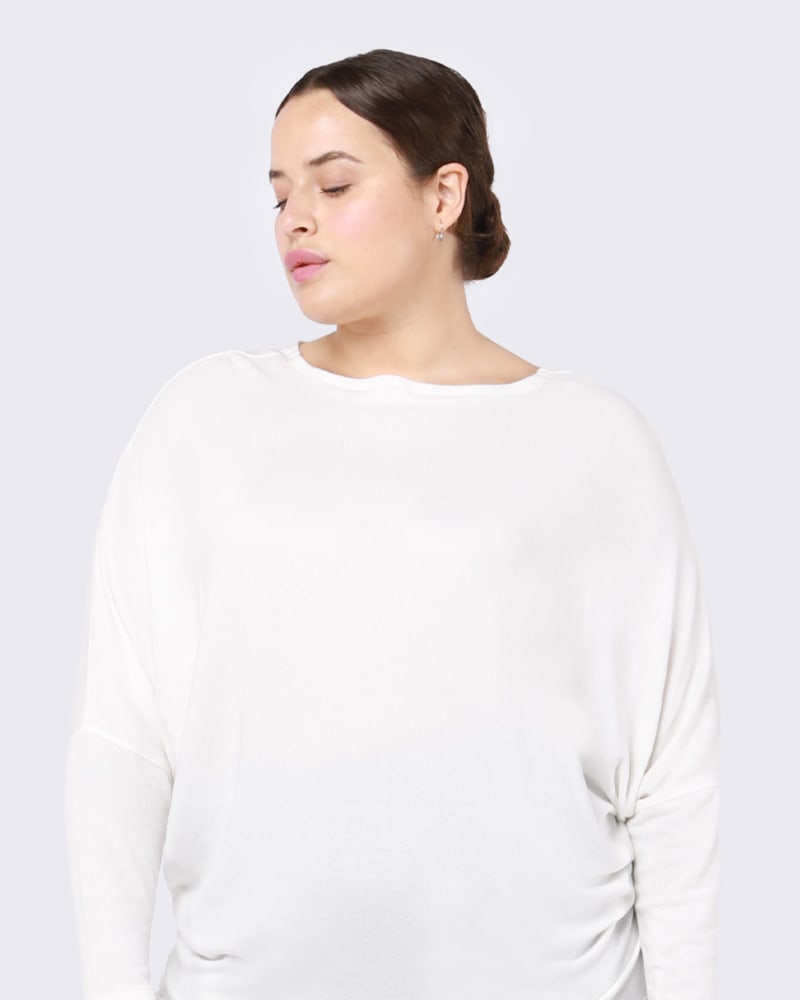 Front of a model wearing a size 0X Lana Wide Neck Dolman Sleeve Top in Ivory by DEX PLUS. | dia_product_style_image_id:237815